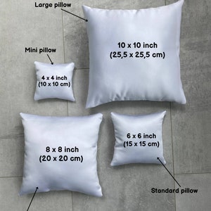 May include: Four white pillowcases of different sizes, labeled with their dimensions in inches and centimeters. The pillowcases are arranged from smallest to largest, with the smallest pillowcase labeled "Mini pillow" and the largest pillowcase labeled "Large pillow".