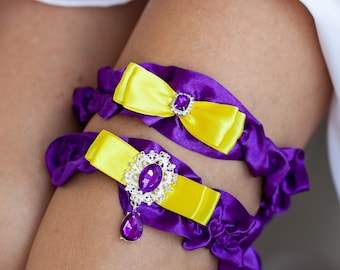 Wedding garters Set of 2 Purple and yellow weddings Personalized Garter wedding Purple and yellow weddings Garters weddings Purple wedding