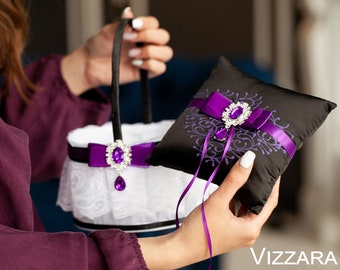 Flower girl basket Black and purple weddings, Wedding basket Black wedding, Flower basket Black and purple wedding, Basket for flower girl