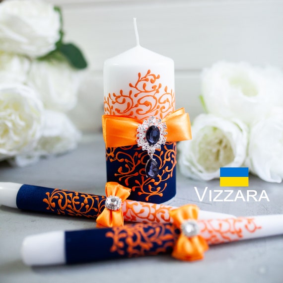 Unity Candles Set of 3 Navy Blue and Orange Weddings Personalized Candles Unity Navy Blue and Orange Wedding Candle Unity Ceremony Navy Blue Etsy Canada