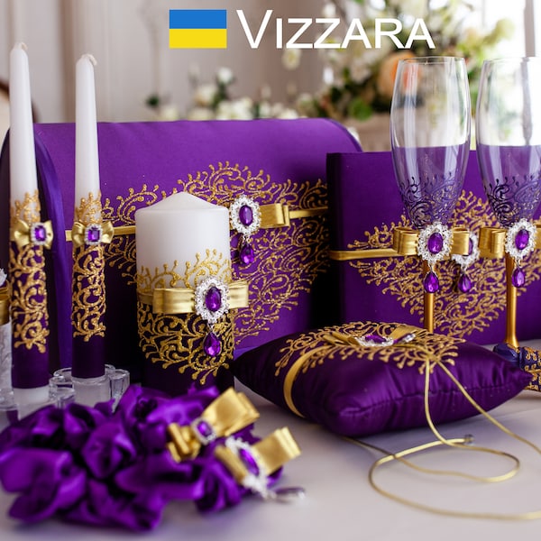 Wedding Set Purple and gold wedding, Personalized, Guest book, Ring bearer pillow Purple and gold wedding, Flower girl basket Purple wedding