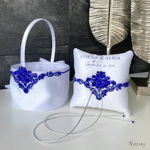 Kosz z kwiatami i zestaw dla druhny Royal blue wedding, Poduszka ślubna i kosz dla druhny Blue wedding, Poduszka i kosz dla druhny Blue wedding