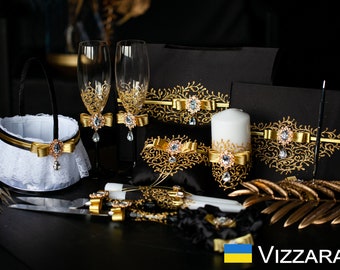 Black and gold Set wedding, Card box wedding, Unity candle, Cake server Black and gold wedding, Champagne glasses, Ring bearer,Flower basket