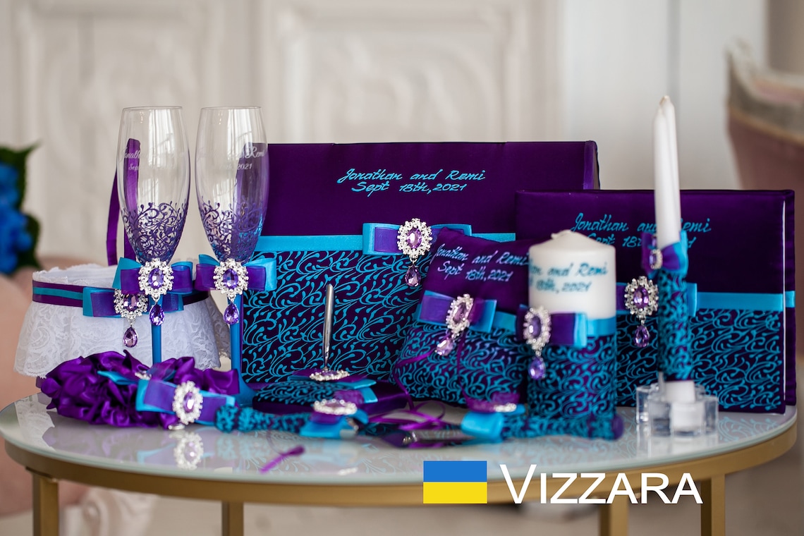 Purple and turquoise Set weddings Personalized Guests book Whole Set of 17 pcs