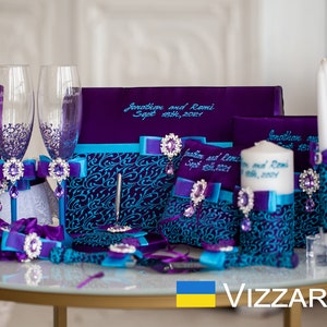 Ensemble de mariage violet et turquoise, personnalisé, livre d'or mariage violet et turquoise, jarretières de mariage, porte-alliances
