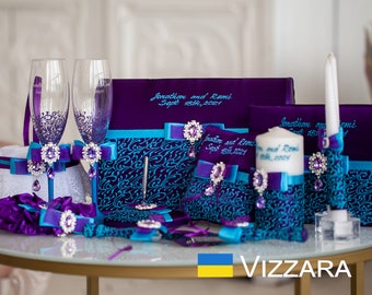 Wedding Set Purple and turquoise, Personalized, Guest book Purple and turquoise wedding, Wedding garters, Ring bearer, Flower basket Purple