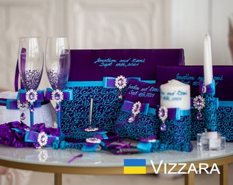 Wedding Set Purple and Turquoise, Personalized, Guest Book Purple