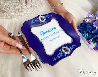 Wedding cake server Purple and turquoise, Personalized plate, Wedding plates Purple and turquoise wedding, Wedding table decor, Cake plate