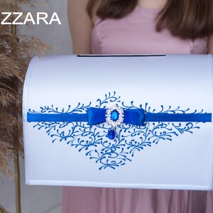 Ring bearer pillow White and royal blue weddings Personalized Pillow ring bearer White and royal blue weddings Ring pillow White wedding Card Box