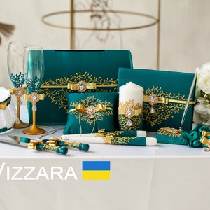 Ensemble de mariage bleu sarcelle et or, mariage personnalisé, verres à champagne, panier de fille de fleur, mariage de boîte de carte