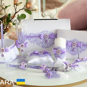 Casamento branco e lavanda, cesta de flores lavanda, livro de visitas, personalizado, travesseiro de casamento, liga de casamento lavanda, conjunto de velas Unity