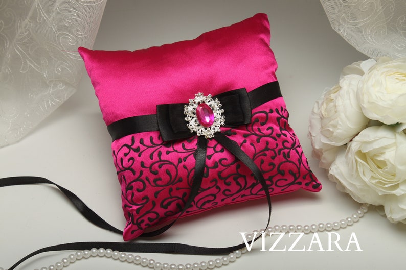 Ring pillows Hot pink wedding Wedding ring bear pillows Hot pink and black wedding Wedding ring holder pillow Black themed weddings Hot pink