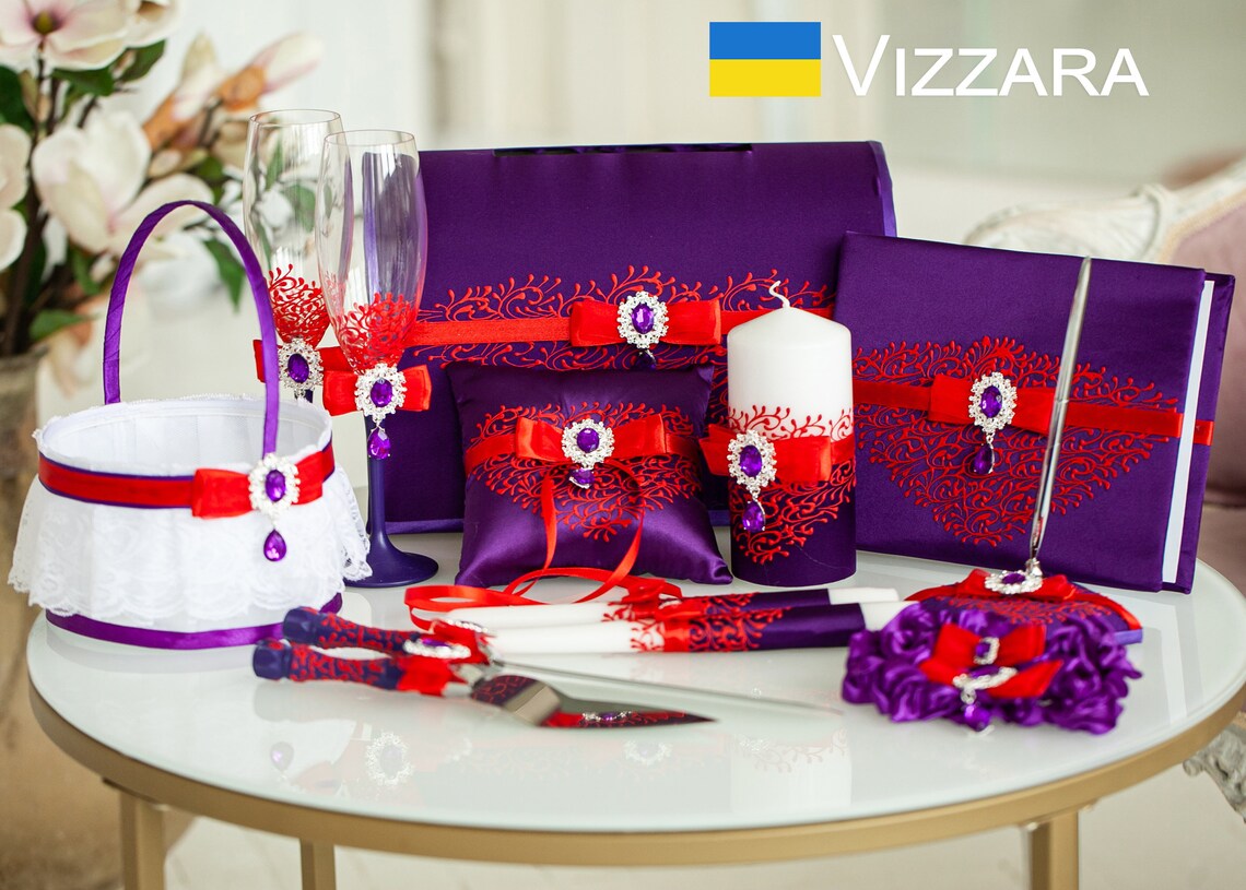 Purple and red weddings Set Wedding purple and red Guests book Whole Set of 17 pcs