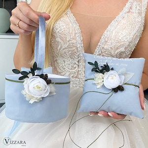 Flower basket and Ring pillow Dusty blue wedding, Flower girl basket and Ring bearer Dusty blue wedding, Personalized, Anniversary gift
