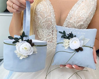 Flower basket and Ring pillow Dusty blue wedding, Flower girl basket and Ring bearer Dusty blue wedding, Personalized, Anniversary gift
