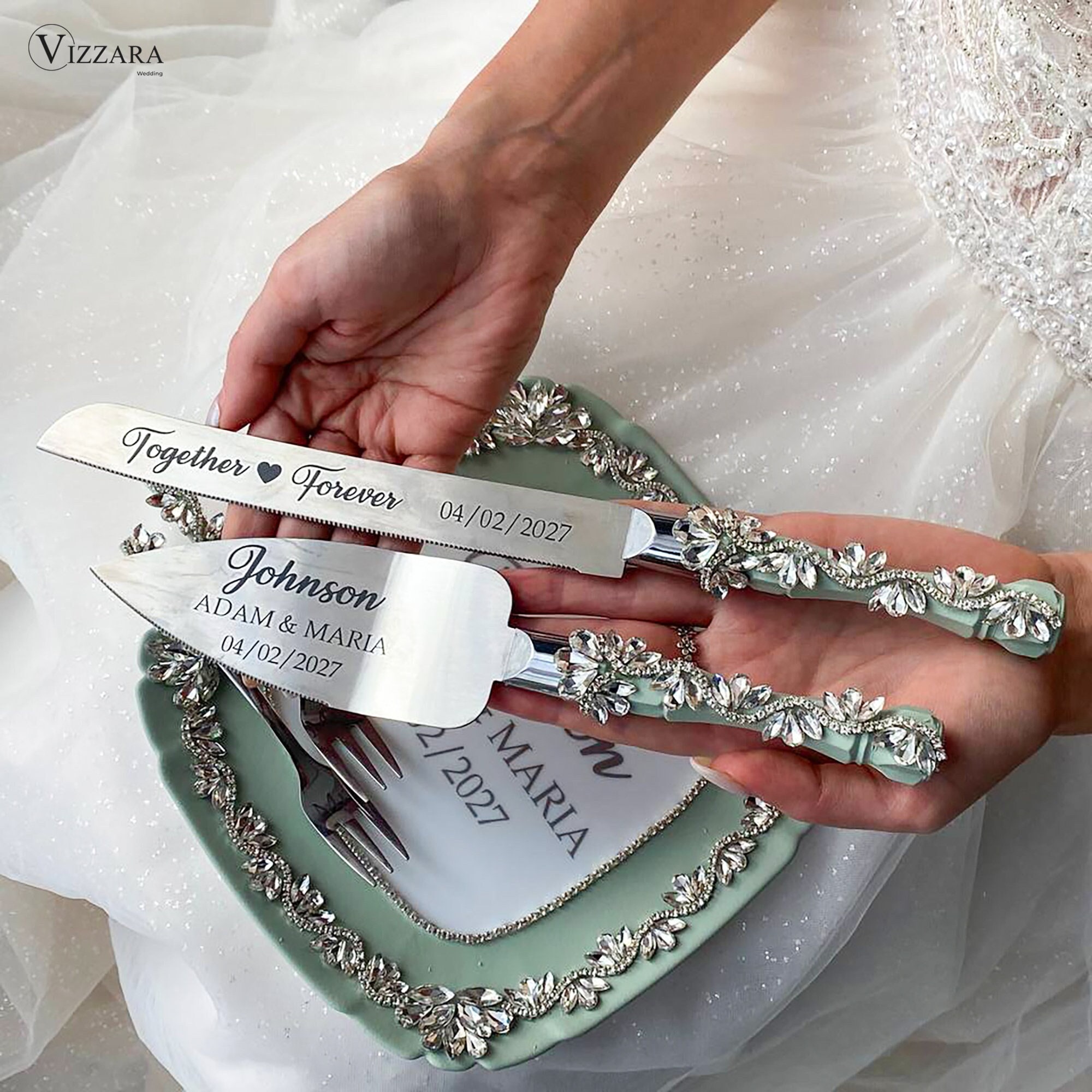 Personalized Wedding Cake Server Sage Green Knife Cake Cutting Set