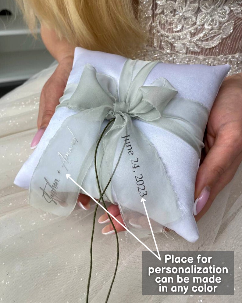 Ring bearer pillow White and Sage green wedding, Personalized, Wedding pillow White wedding, Ring bearer Sage green wedding, Gift for couple image 2
