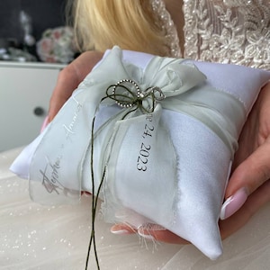 Ring bearer pillow White and Sage green wedding, Personalized, Wedding pillow White wedding, Ring bearer Sage green wedding, Gift for couple image 8