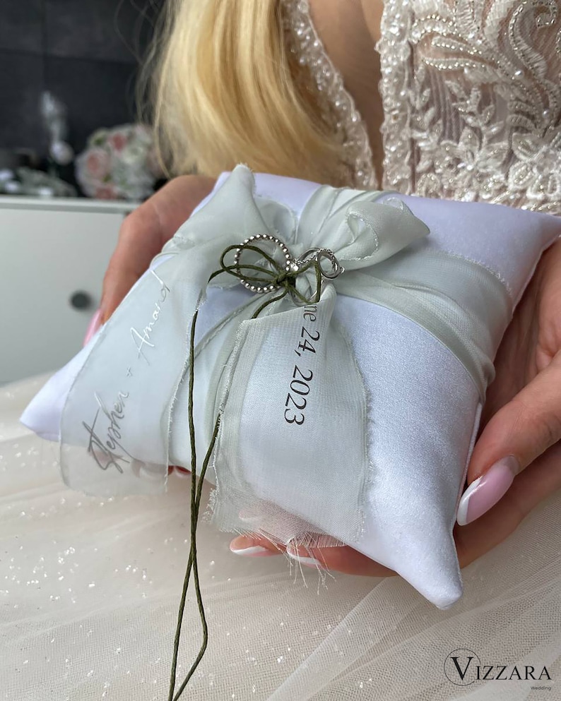 Ring bearer pillow White and Sage green wedding, Personalized, Wedding pillow White wedding, Ring bearer Sage green wedding, Gift for couple image 8