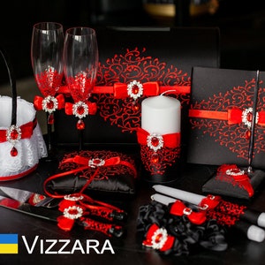 Mariage noir et rouge, personnalisé, oreiller de porteur d'anneau, verres de Champagne, boîte à cartes, livre d'or, ensemble de jarretière