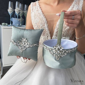 Ring pillow and flower girl basket Set Sage green wedding, Personalized, Ring bearer pillow and flower basket Green wedding, Wedding decor