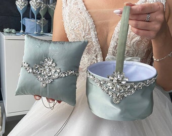 Ring pillow and flower girl basket Set Sage green wedding, Personalized, Ring bearer pillow and flower basket Green wedding, Wedding decor