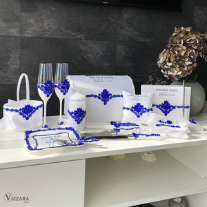 Boda blanca y azul real, Conjunto de boda personalizado, Copas de champán, Libro de visitas de boda, Cesta de flores, Portador de anillos, Regalo de aniversario