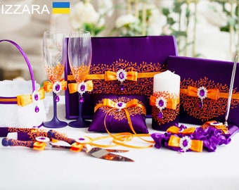 Conjunto de boda Boda púrpura y naranja, Personalizado, Plato de boda, Copas de champán, Boda de caja de tarjeta, Servidor de pastel, Almohada de anillo, Cesta