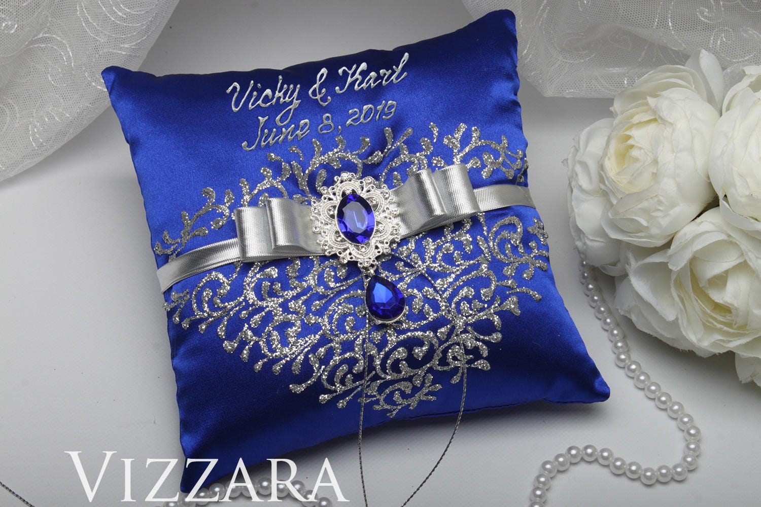 Ring bearer pillows Royal blue and silver wedding Ring bearer | Etsy