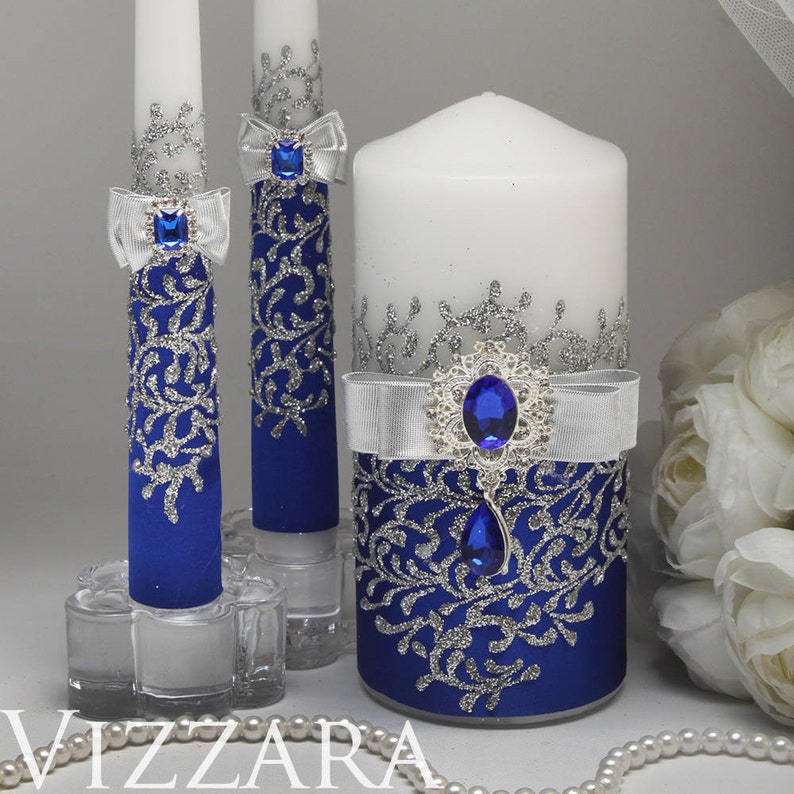 Unity candles set Royal blue and silver wedding Unity candles Etsy