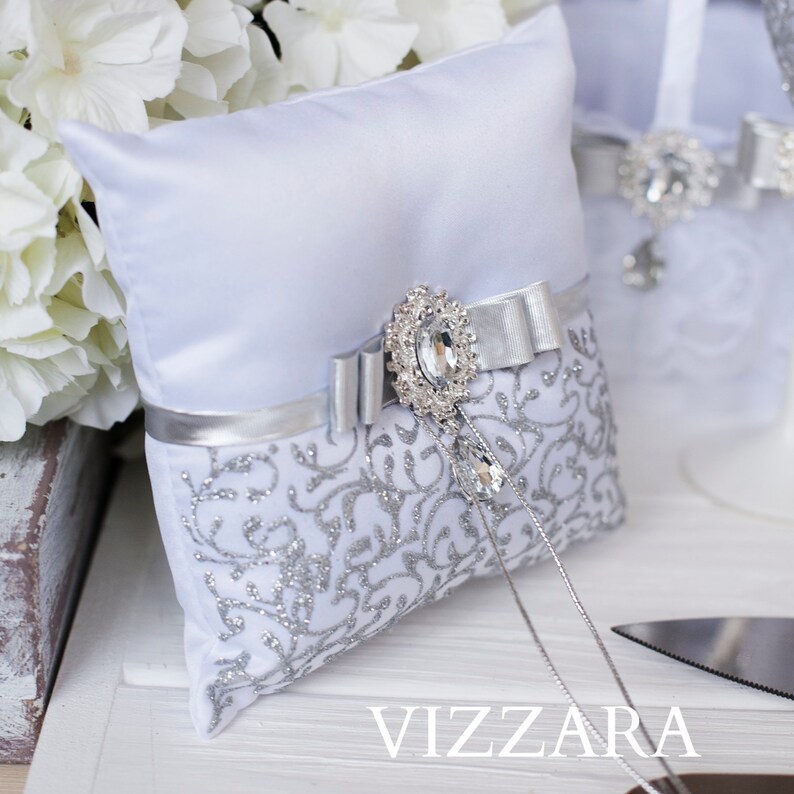 Ring pillows White wedding Wedding ring pillow Silver and Etsy