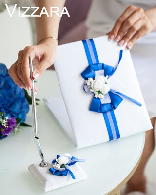 Set Matrimonio 5 Pezzi Blu E Bianco: Cestino Fiori, Cuscino Anelli, Libro Ospiti, Giarrettiera, Portapenne
