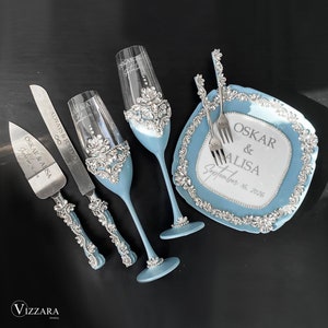 Cake server set Dusty blue wedding, Cake cutting set Blue wedding, Personalized, Wedding cake cutter Dusty blue wedding, Gift for couple Set of 7 items