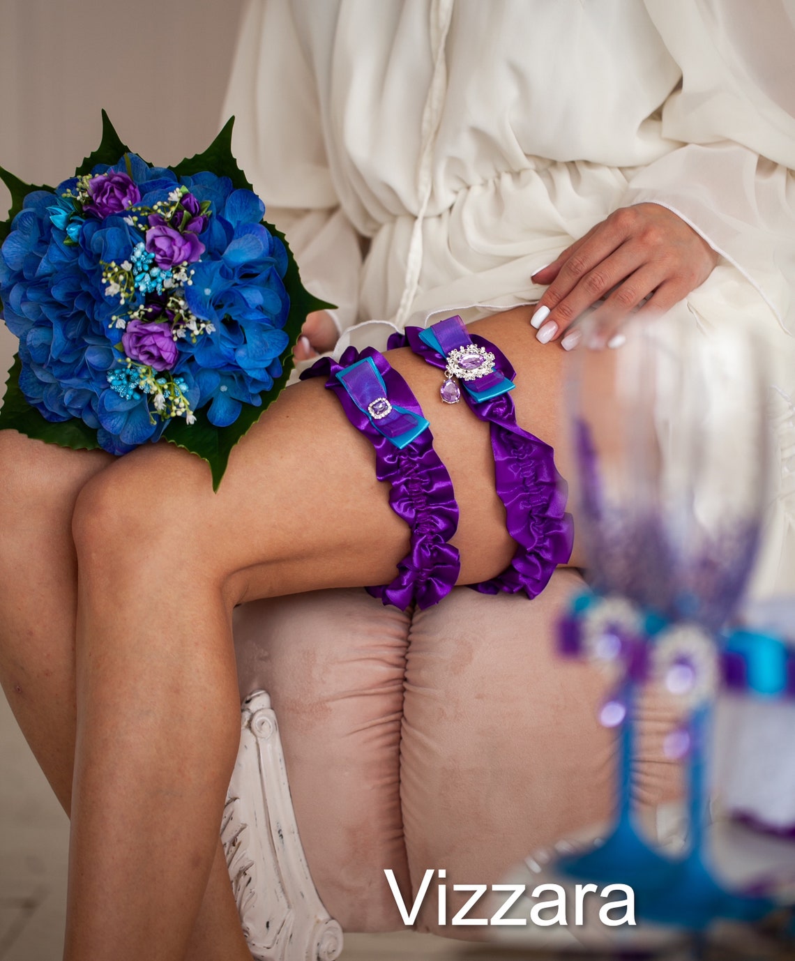 Bridal garters Set of 2 Purple and turquoise wedding Wedding 2 Bridal Garters