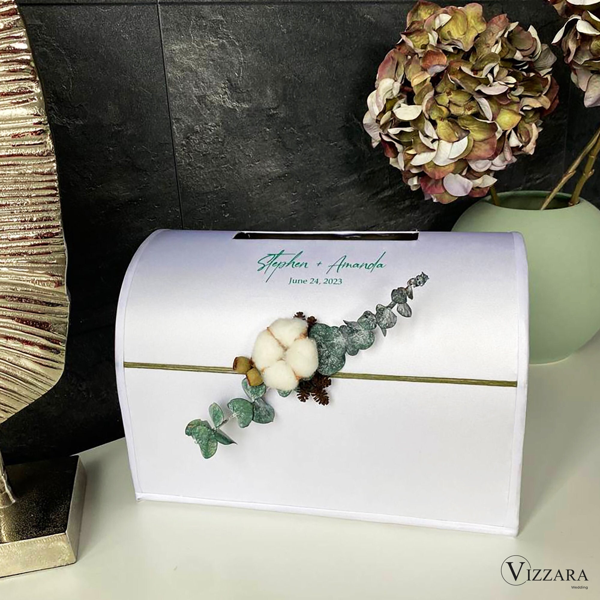 Wedding box Eucalyptus wedding, Personalized, Card box Greenery wedding, Wedding card box, Money box Dried eucalyptus, Gift for couple