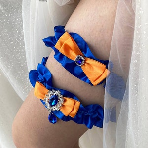 Strumpfband für die Hochzeit, 2er-Set, royalblau und orange, Strumpfband für die Braut, royalblaue Hochzeit, personalisiert, Brautgeschenk