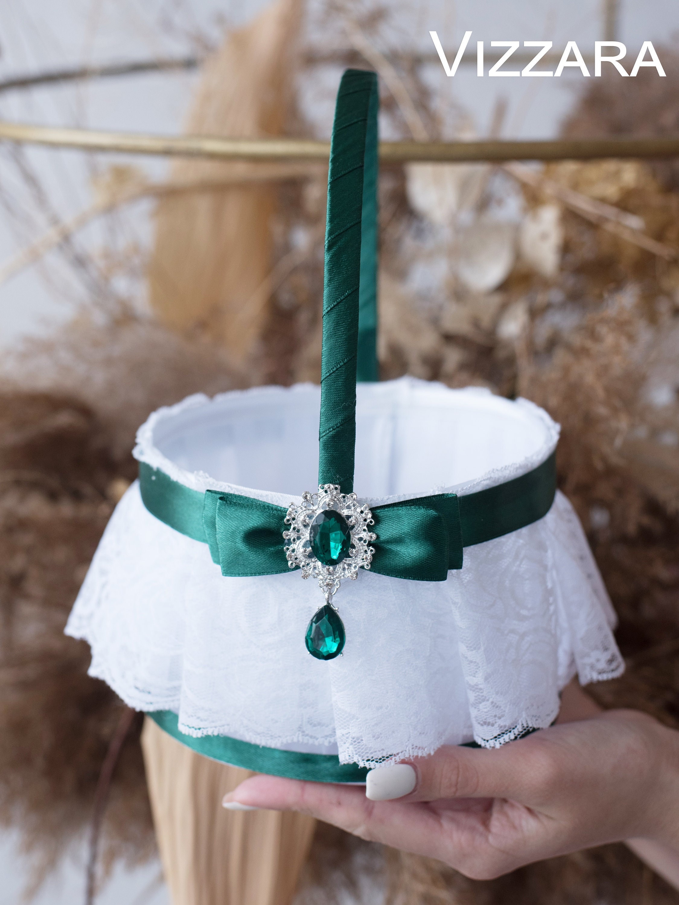 Flower Girl Basket White and Emerald Green Wedding, Emerald Green Basket,  Wedding Basket White and Green Wedding, Flower Basket Emerald 