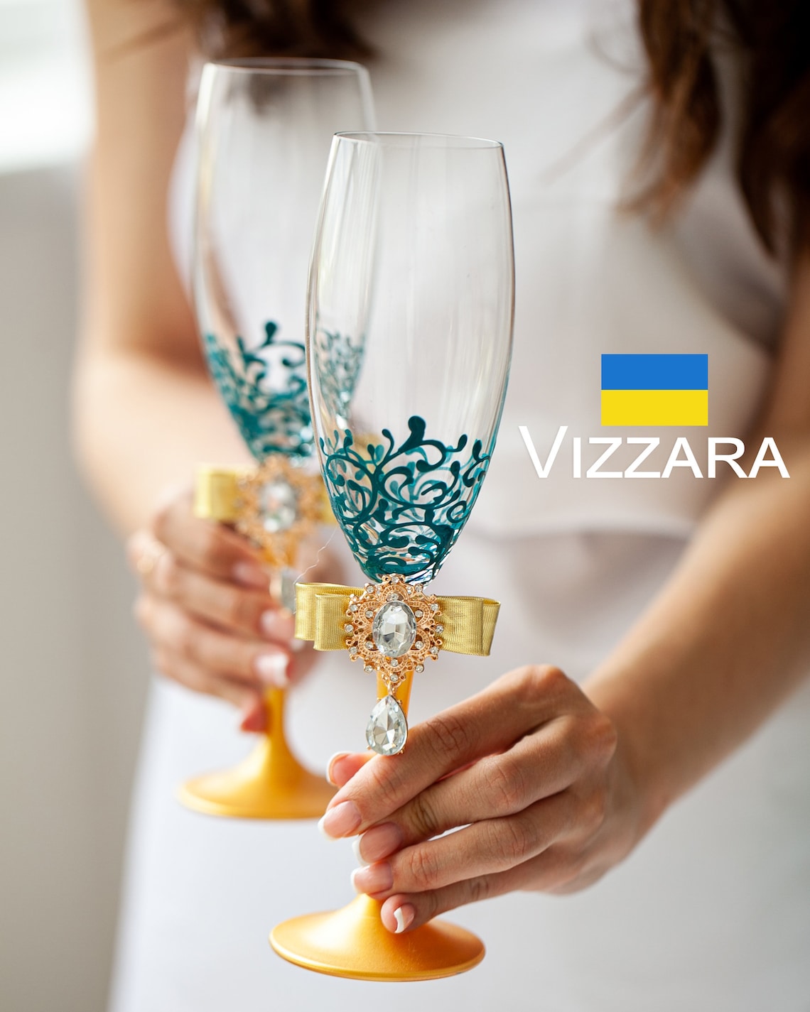 Champagne glasses Set of 2 Teal and gold weddings Personalized 2 Wedding Glasses