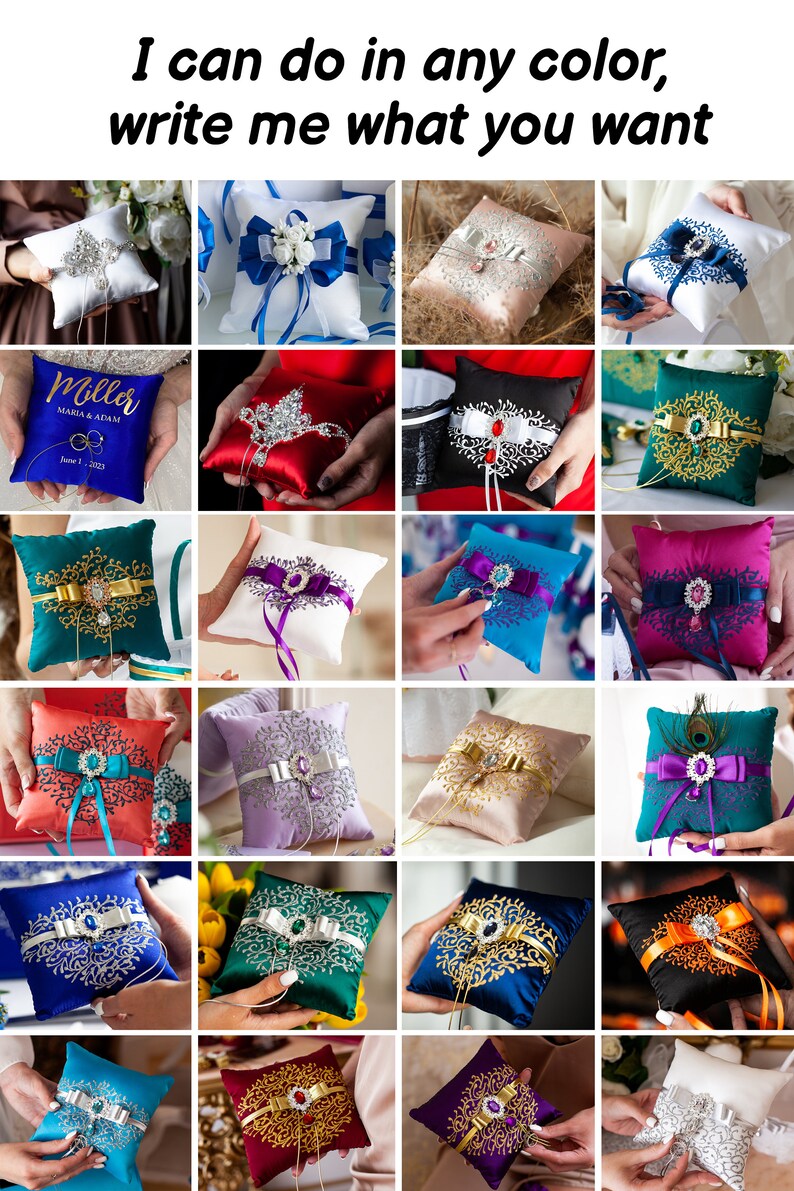 May include: A collection of decorative ring pillows in various colors and styles. The pillows feature different embellishments, including rhinestones, beads, and embroidery. Some pillows have a satin finish, while others have a velvet finish. The pillows are perfect for wedding ceremonies or other special events.