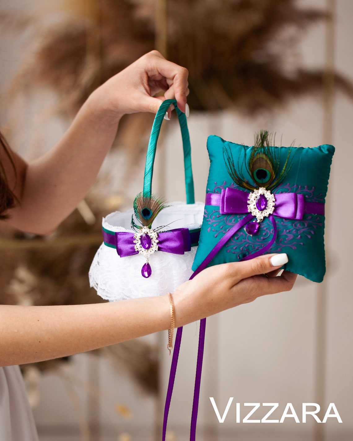 Flower girl basket and pillow ring bearer Teal and purple image 1