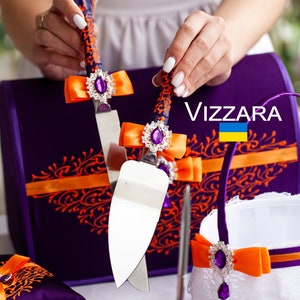 Tortenheber Lila und Orange Hochzeit, Personalisiert, Kuchenschneideset Lila und Orange Hochzeit, Hochzeitstortenheber Lila Hochzeit, Gesche