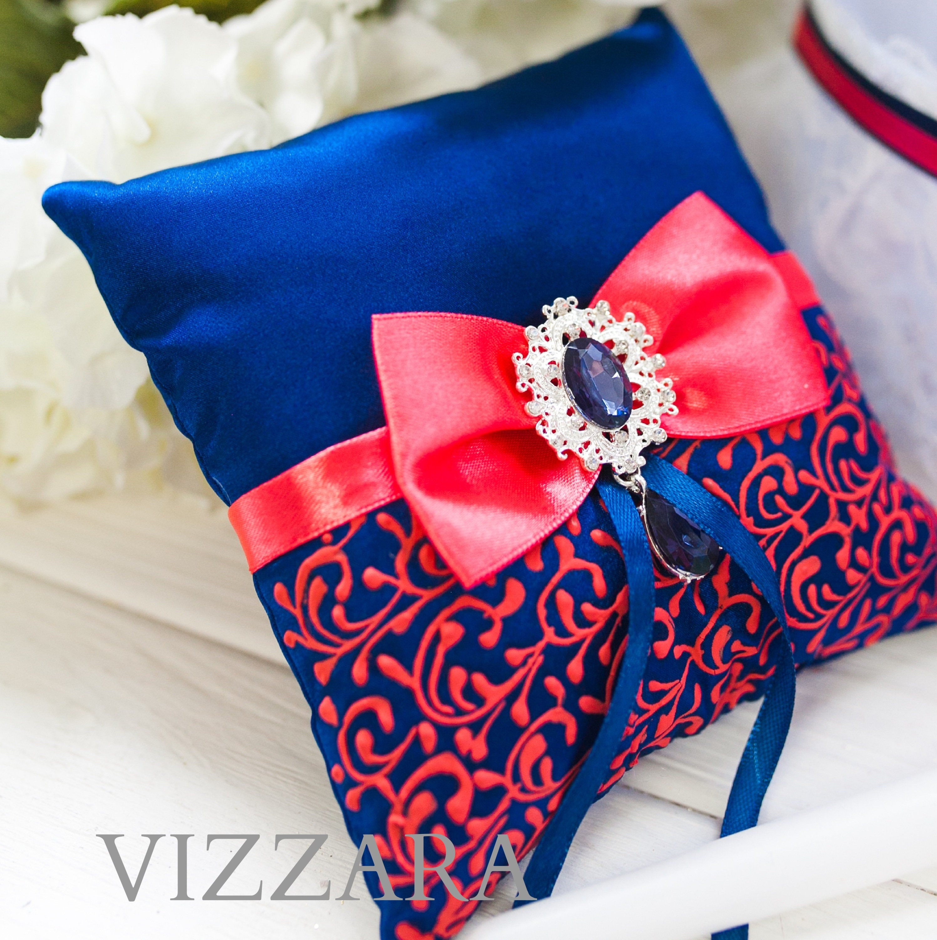 Ring pillow Navy wedding Wedding ring pillows Coral and navy Etsy
