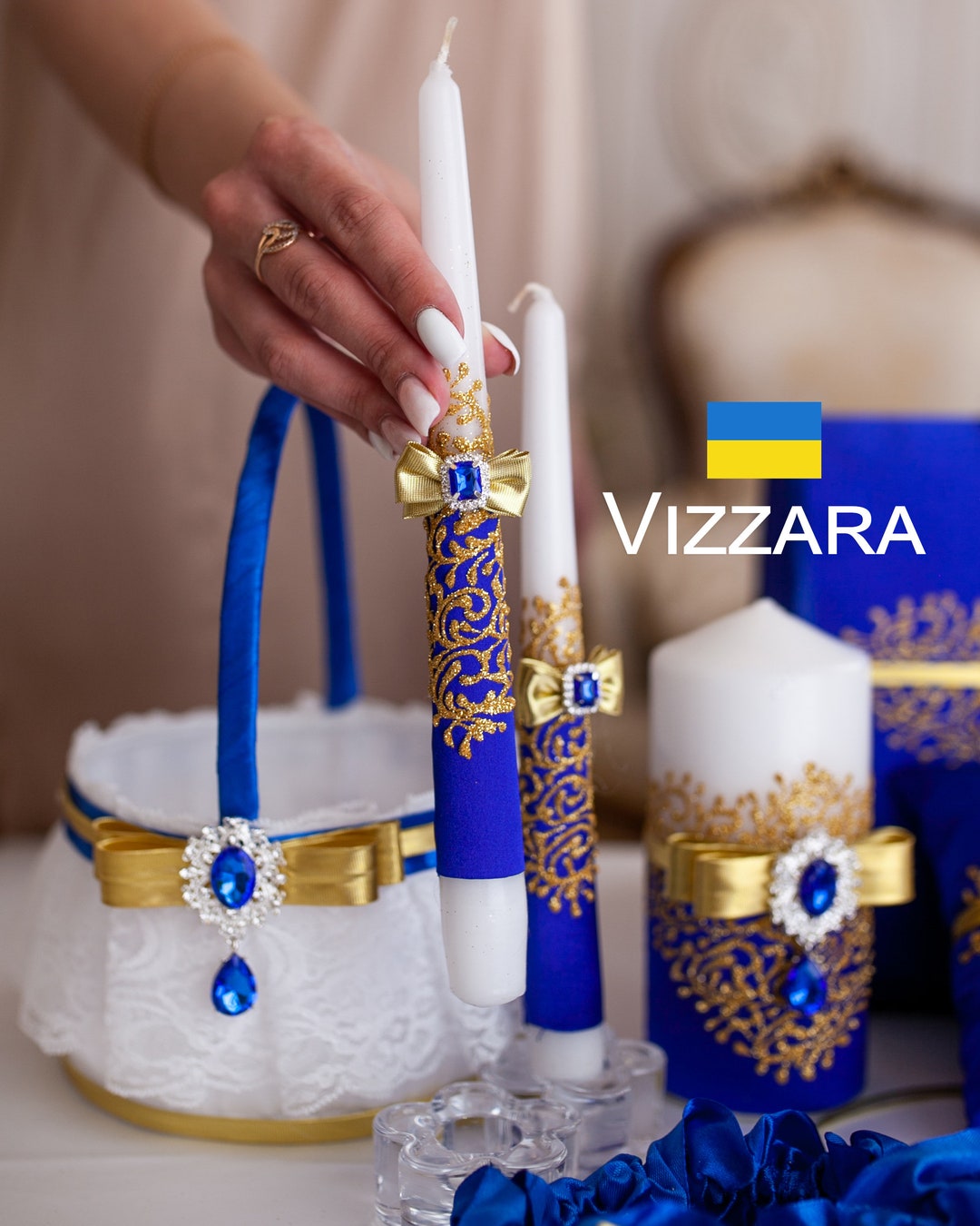 Candles Unity Set of 3 Royal Blue and Gold Weddings Personalized Unity