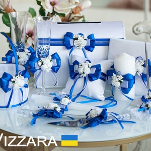 Bodas blancas y azules reales Set Boda blanco y azul real Libros de visitas bodas Ligas de boda Almohada portadora del anillo Copas de champán