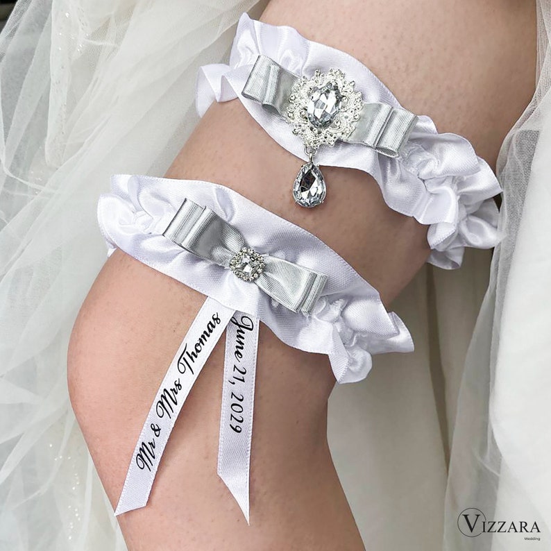 Garter Set of 2 White and silver wedding, Personalized, Garter for bride White and silver wedding, Wedding garter White, Gift for bride image 1