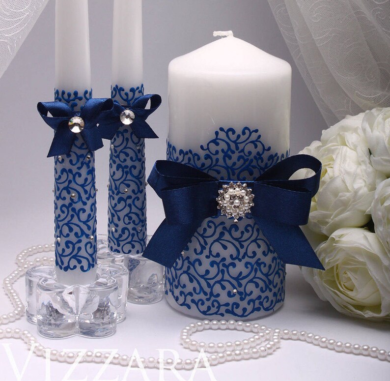 Unity candle navy blue Unity candle set Wedding unity candle Etsy