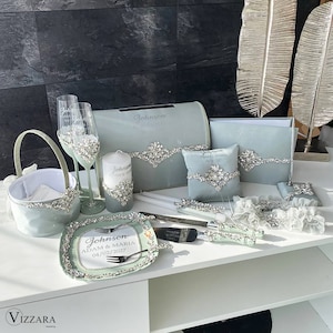 Conjunto de boda verde salvia, Personalizado, Copas de champán, Libro de visitas de boda, Cesta de flores, Almohada de boda, Caja de tarjetas verde, Regalo para pareja