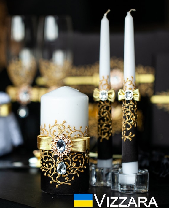Kerzen Einheit Set von 3 Schwarz und Gold Hochzeiten Unity Kerzen Schwarz und Gold Hochzeiten Unity Kerzensets Schwarz und Gold Hochzeiten Kerze Einheit