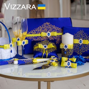 Royal blue and yellow wedding, Guest book, Champagne glasses, Car box wedding, Flower girl basket, Ring pillow, Wedding Set Blue and yellow