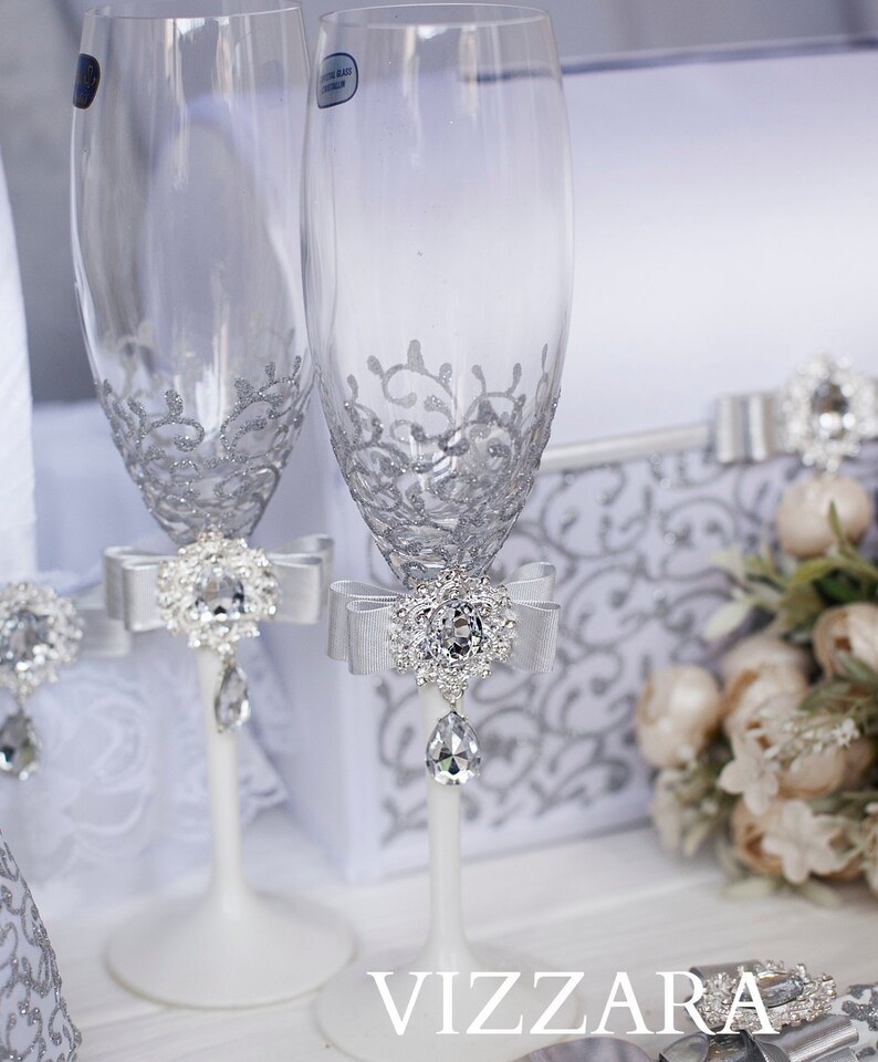 Wedding Flutes White Wedding Wedding Toasting Glasses Silver Etsy